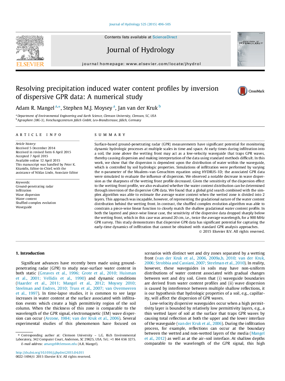 Resolving precipitation induced water content profiles by inversion of dispersive GPR data: A numerical study