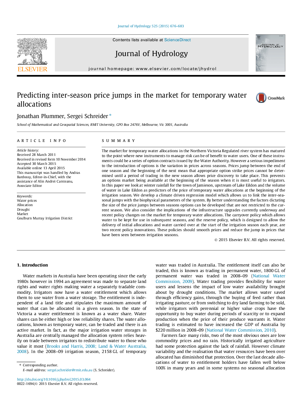 Predicting inter-season price jumps in the market for temporary water allocations