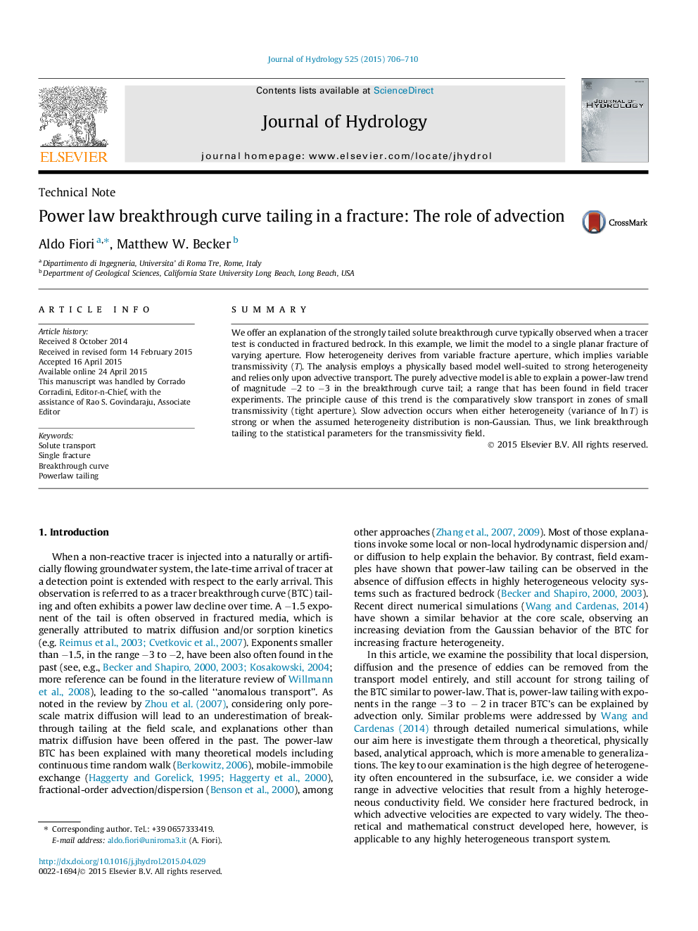 Technical NotePower law breakthrough curve tailing in a fracture: The role of advection