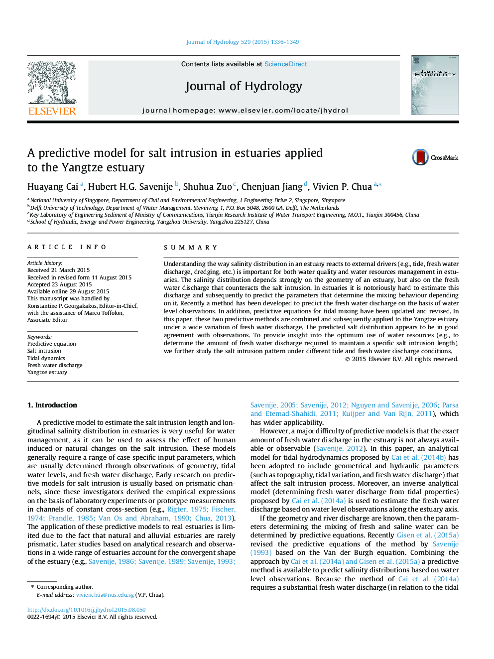 A predictive model for salt intrusion in estuaries applied to the Yangtze estuary