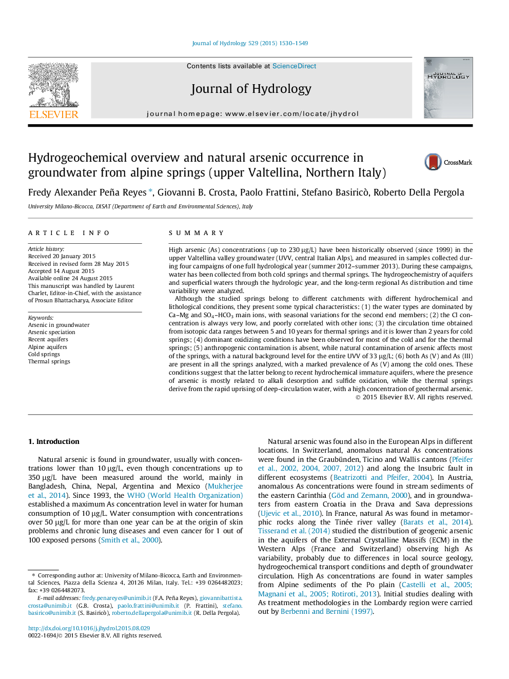 Hydrogeochemical overview and natural arsenic occurrence in groundwater from alpine springs (upper Valtellina, Northern Italy)