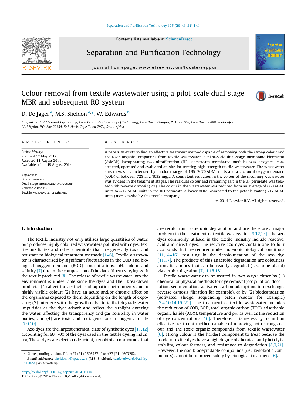 Colour removal from textile wastewater using a pilot-scale dual-stage MBR and subsequent RO system