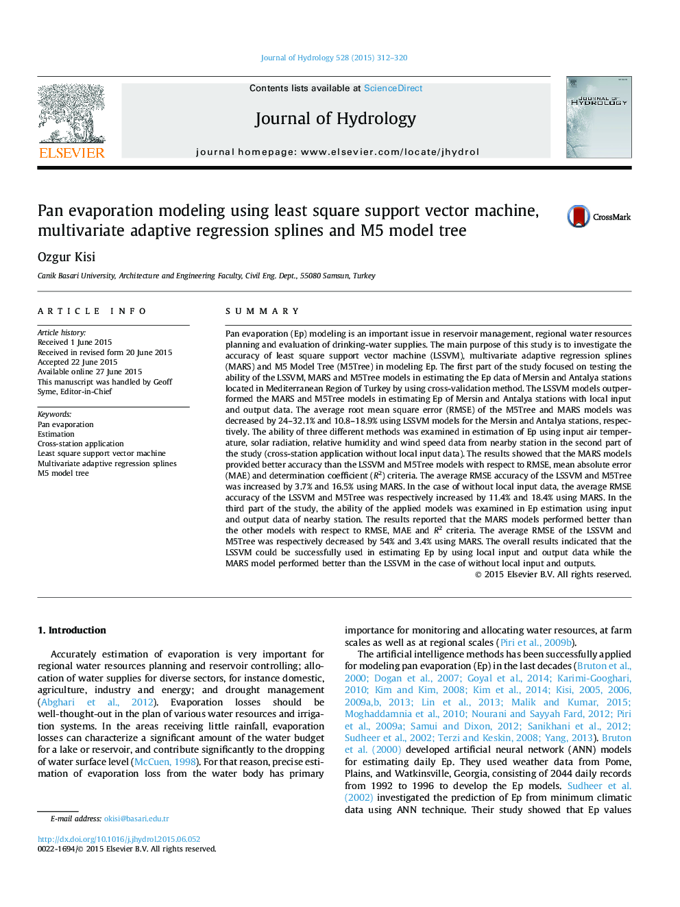 Pan evaporation modeling using least square support vector machine, multivariate adaptive regression splines and M5 model tree