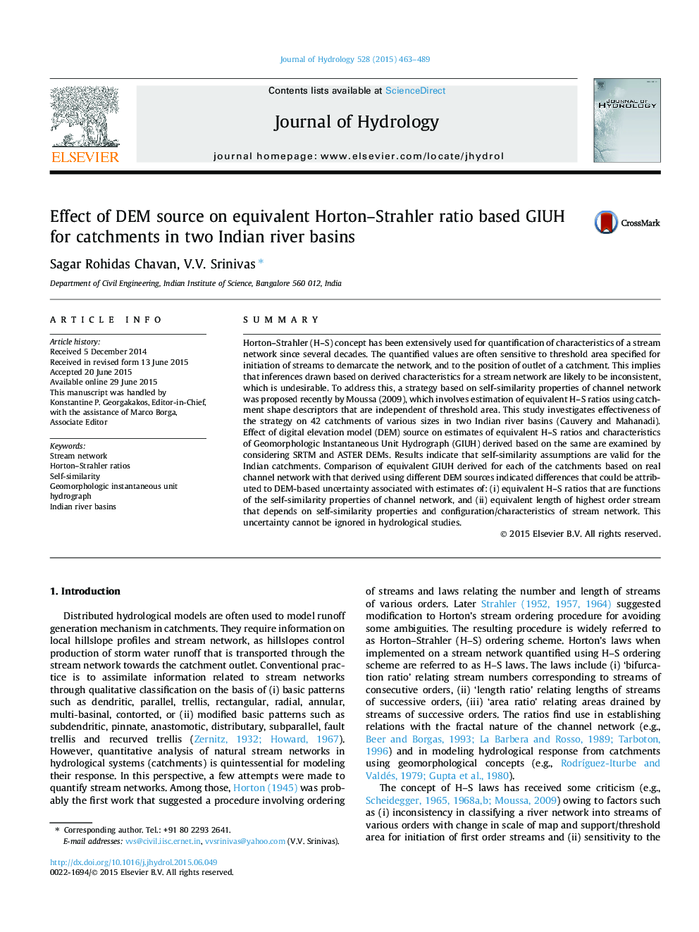 Effect of DEM source on equivalent Horton-Strahler ratio based GIUH for catchments in two Indian river basins