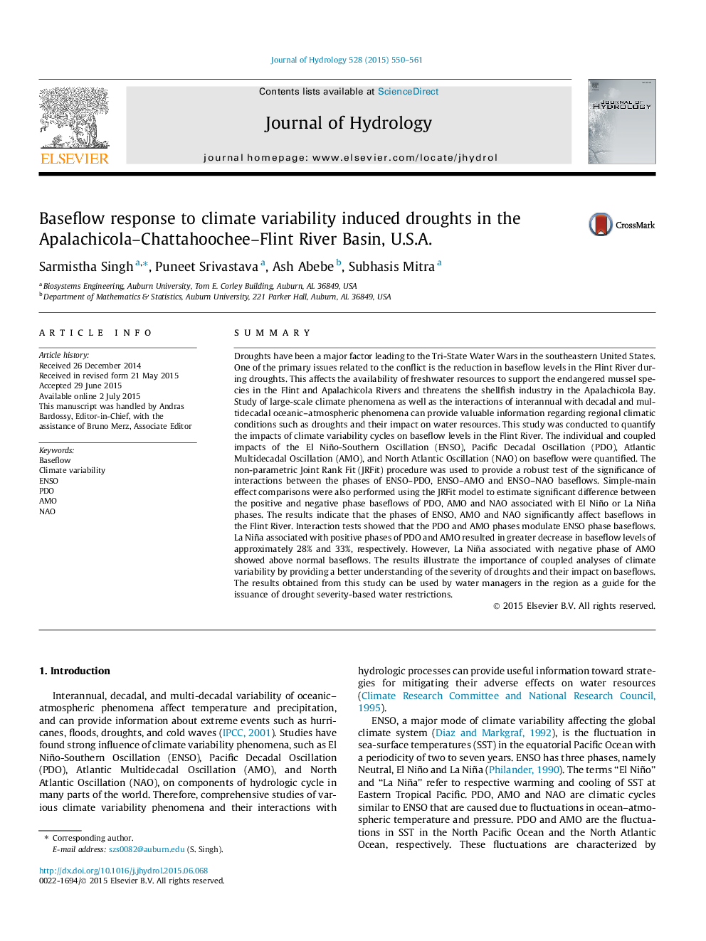 Baseflow response to climate variability induced droughts in the Apalachicola-Chattahoochee-Flint River Basin, U.S.A.