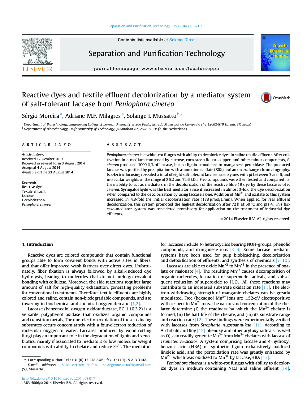 Reactive dyes and textile effluent decolorization by a mediator system of salt-tolerant laccase from Peniophora cinerea