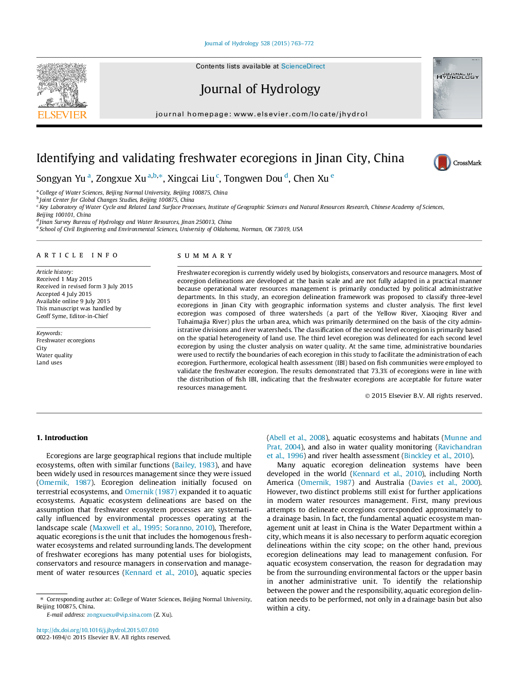 Identifying and validating freshwater ecoregions in Jinan City, China