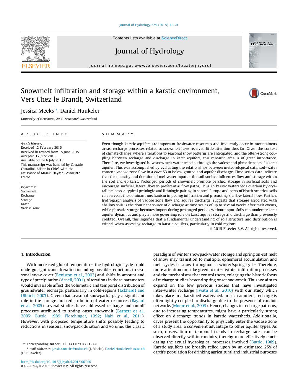 Snowmelt infiltration and storage within a karstic environment, Vers Chez le Brandt, Switzerland