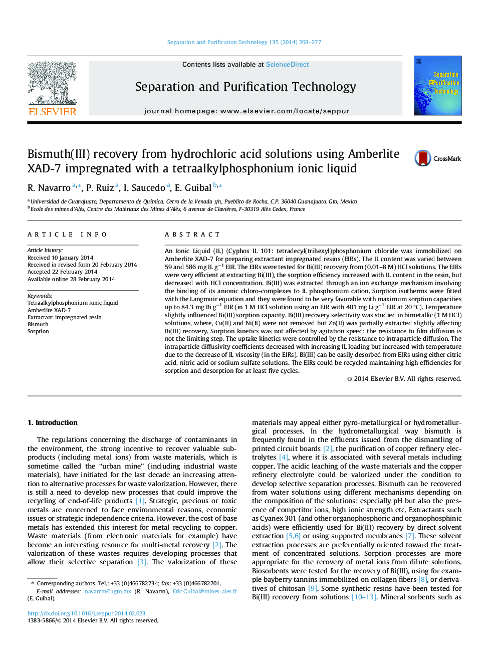 Bismuth(III) recovery from hydrochloric acid solutions using Amberlite XAD-7 impregnated with a tetraalkylphosphonium ionic liquid