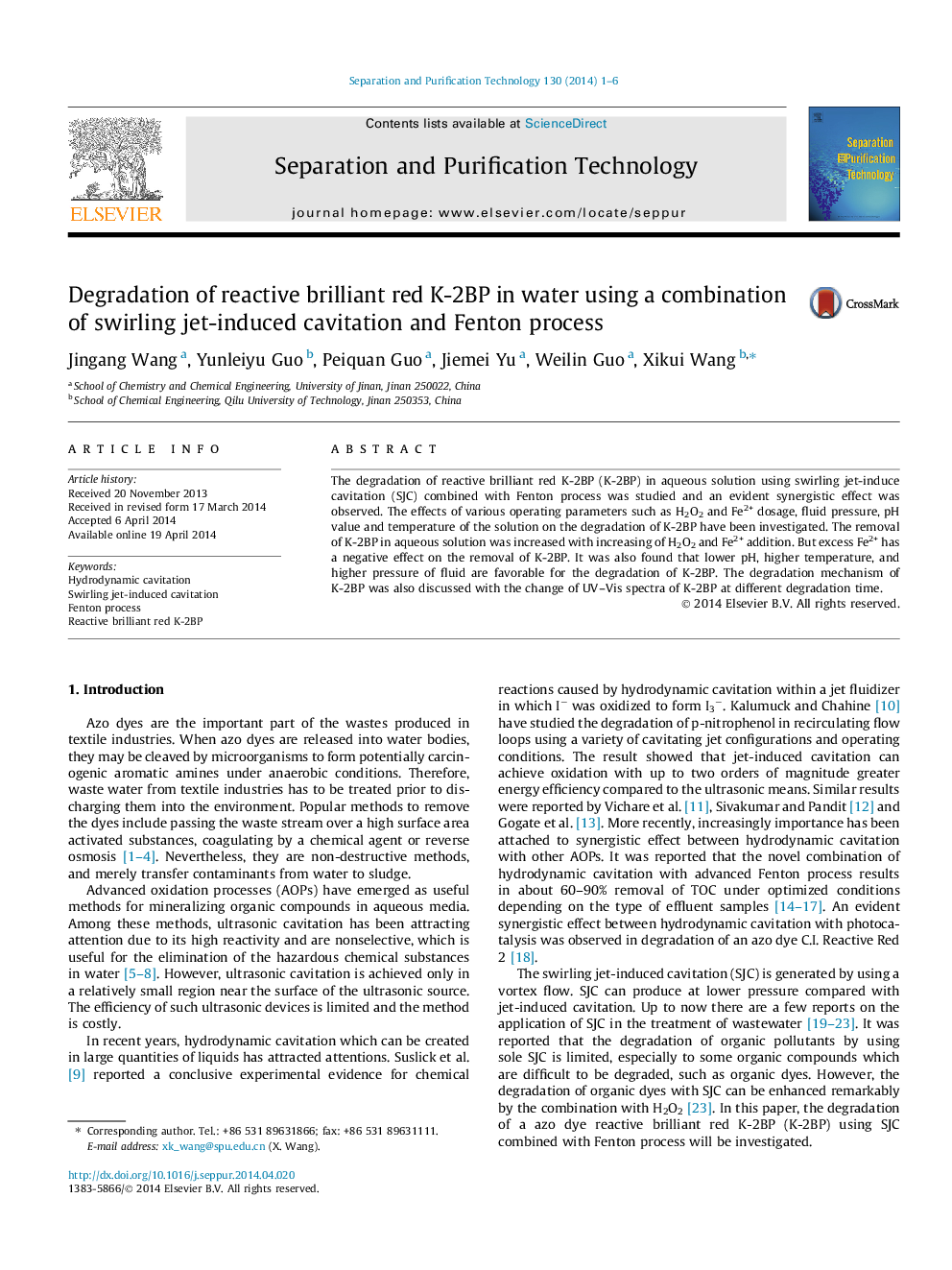 Degradation of reactive brilliant red K-2BP in water using a combination of swirling jet-induced cavitation and Fenton process