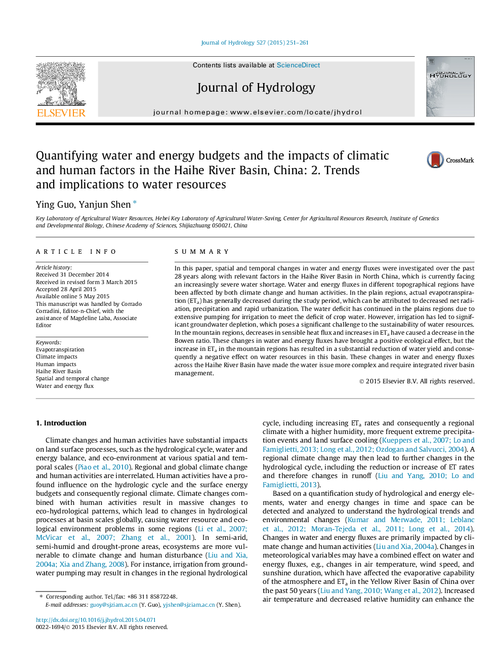 Quantifying water and energy budgets and the impacts of climatic and human factors in the Haihe River Basin, China: 2. Trends and implications to water resources