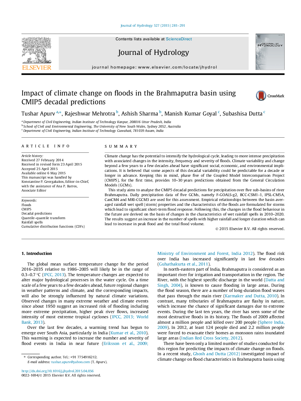 Impact of climate change on floods in the Brahmaputra basin using CMIP5 decadal predictions