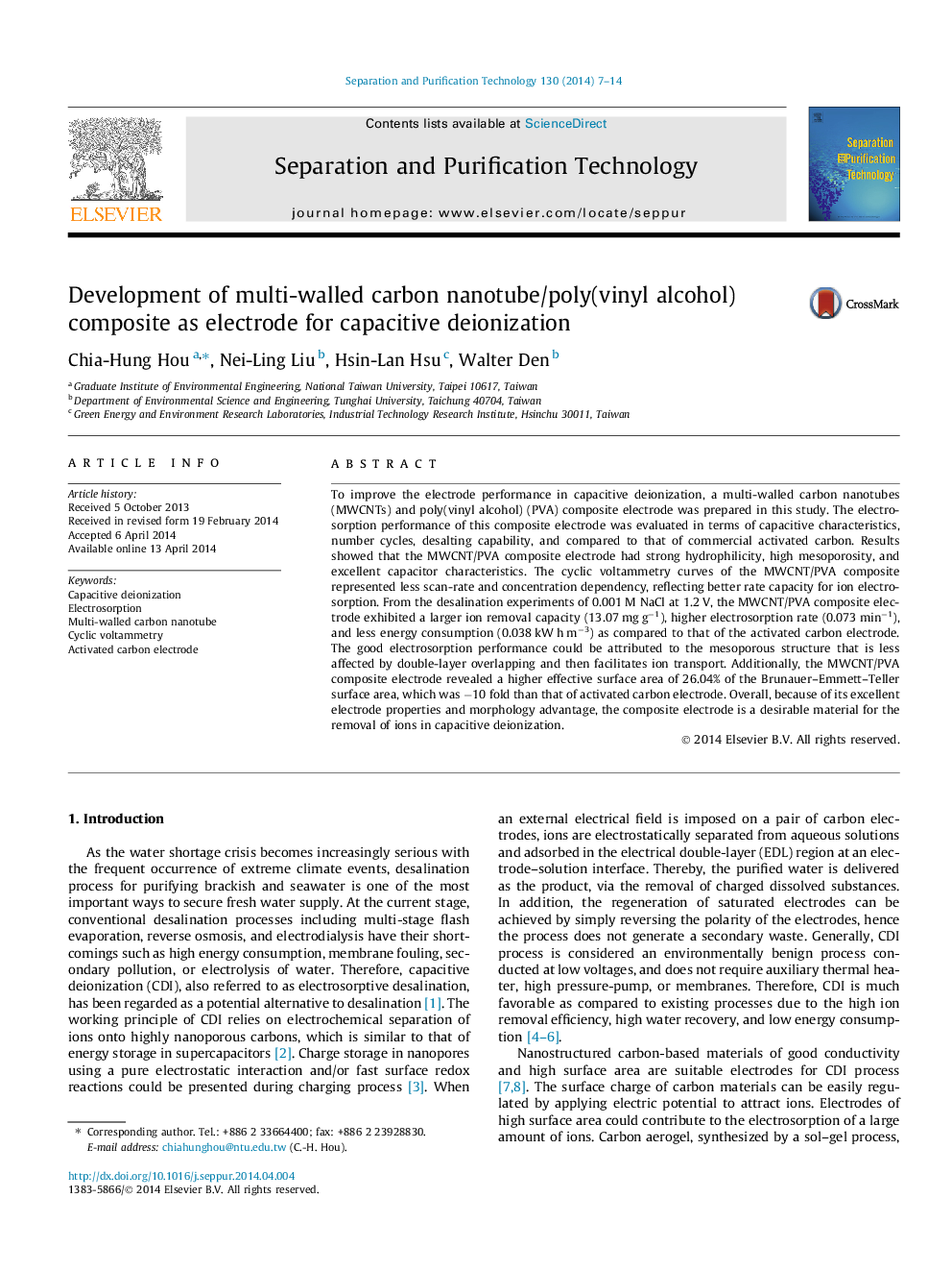 Development of multi-walled carbon nanotube/poly(vinyl alcohol) composite as electrode for capacitive deionization