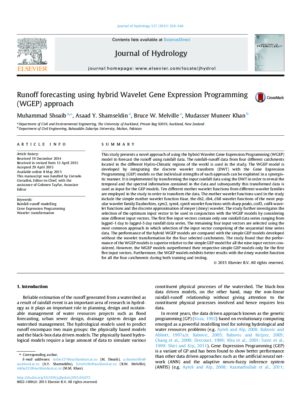 Runoff forecasting using hybrid Wavelet Gene Expression Programming (WGEP) approach