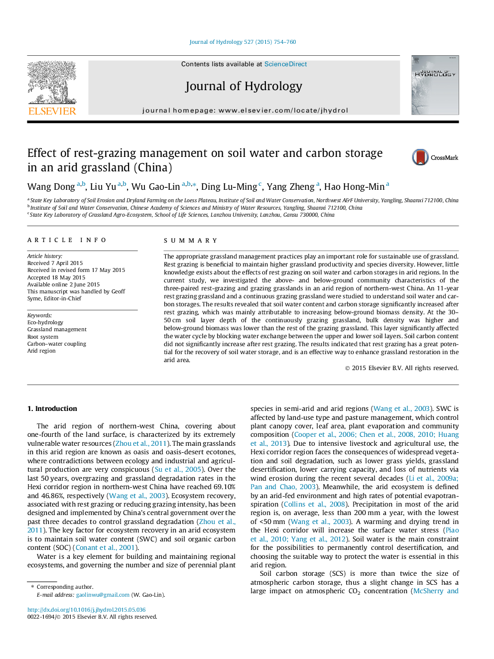 Effect of rest-grazing management on soil water and carbon storage in an arid grassland (China)