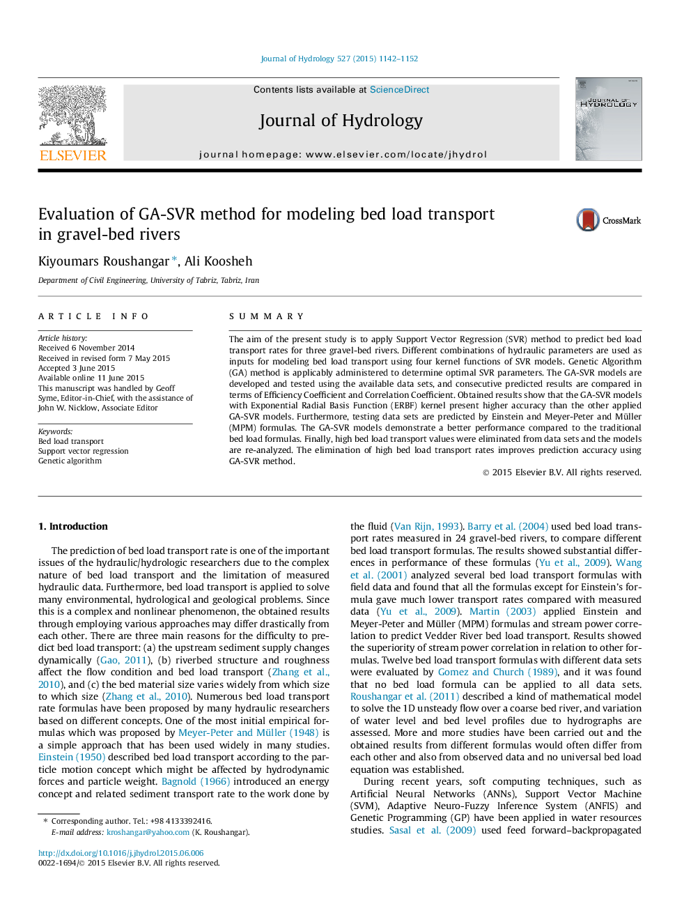 Evaluation of GA-SVR method for modeling bed load transport in gravel-bed rivers