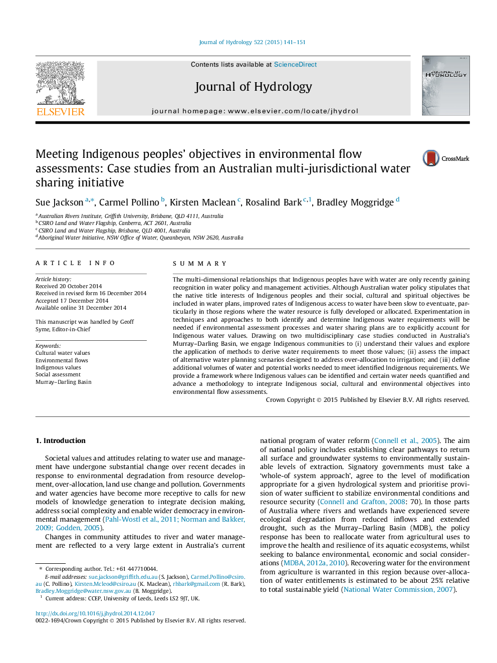 Meeting Indigenous peoples' objectives in environmental flow assessments: Case studies from an Australian multi-jurisdictional water sharing initiative