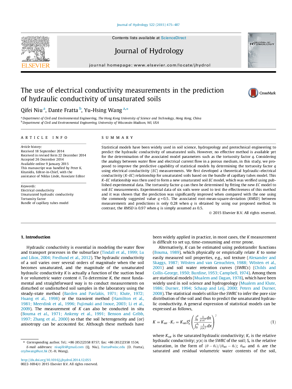 The use of electrical conductivity measurements in the prediction of hydraulic conductivity of unsaturated soils