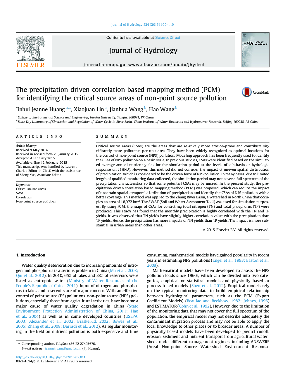 The precipitation driven correlation based mapping method (PCM) for identifying the critical source areas of non-point source pollution