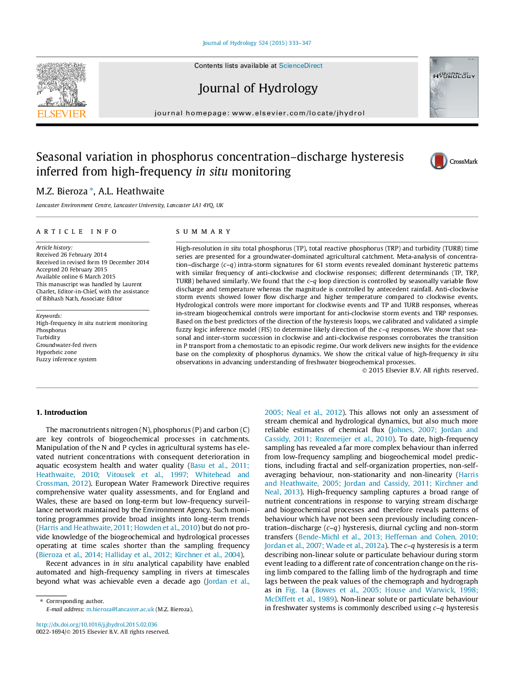 Seasonal variation in phosphorus concentration-discharge hysteresis inferred from high-frequency in situ monitoring