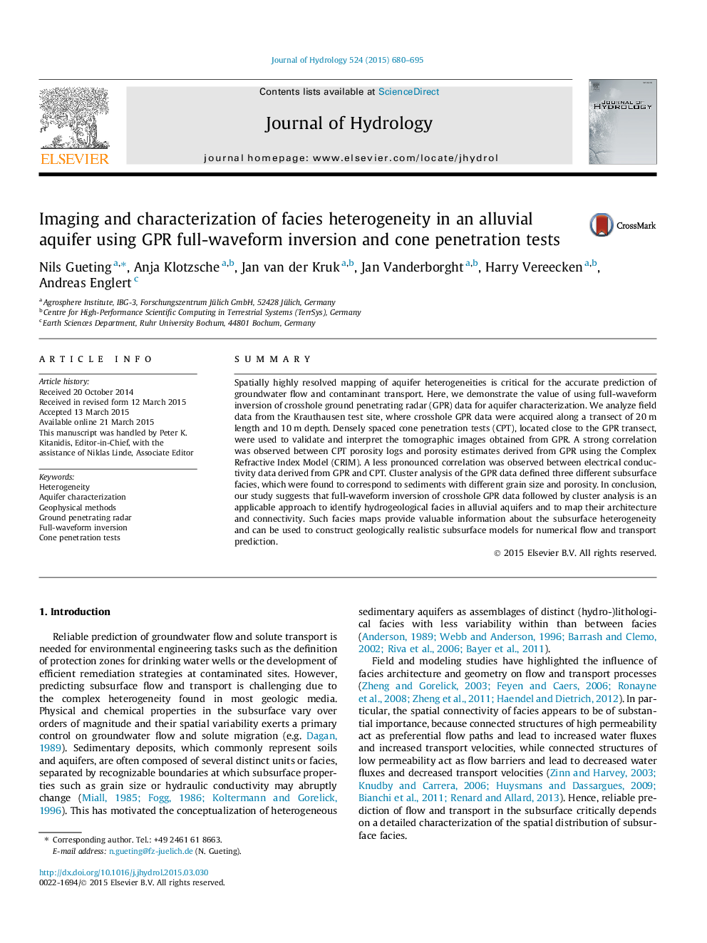 Imaging and characterization of facies heterogeneity in an alluvial aquifer using GPR full-waveform inversion and cone penetration tests