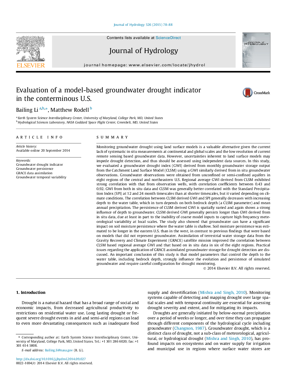 Evaluation of a model-based groundwater drought indicator in the conterminous U.S.