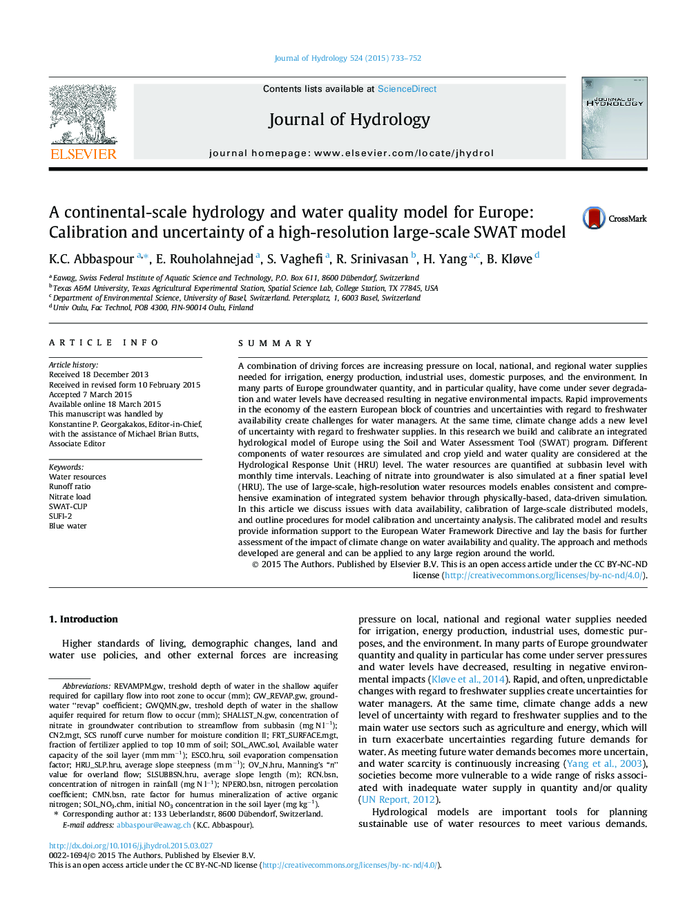 عکس صفحه اول مقاله: A continental-scale hydrology and water quality model for Europe: Calibration and uncertainty of a high-resolution large-scale SWAT model A continental-scale hydrology and water quality model for Europe: Calibration and uncertainty of a high-resolution large-scale SWAT model