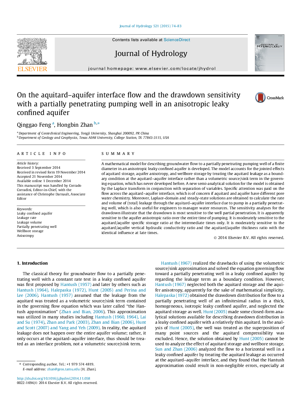 On the aquitard-aquifer interface flow and the drawdown sensitivity with a partially penetrating pumping well in an anisotropic leaky confined aquifer