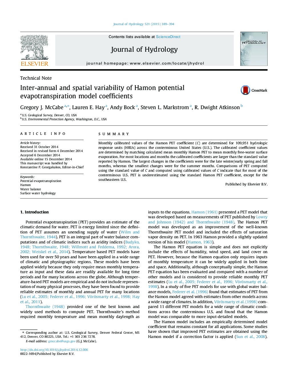 Technical NoteInter-annual and spatial variability of Hamon potential evapotranspiration model coefficients