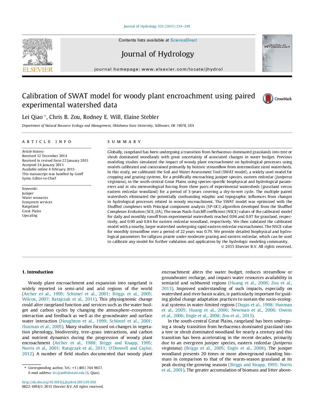 Calibration of SWAT model for woody plant encroachment using paired experimental watershed data