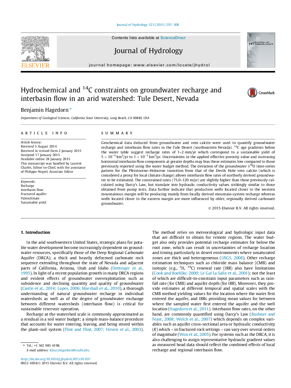 Hydrochemical and 14C constraints on groundwater recharge and interbasin flow in an arid watershed: Tule Desert, Nevada