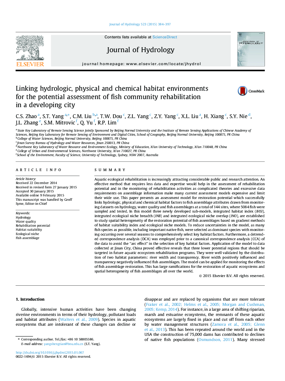 Linking hydrologic, physical and chemical habitat environments for the potential assessment of fish community rehabilitation in a developing city