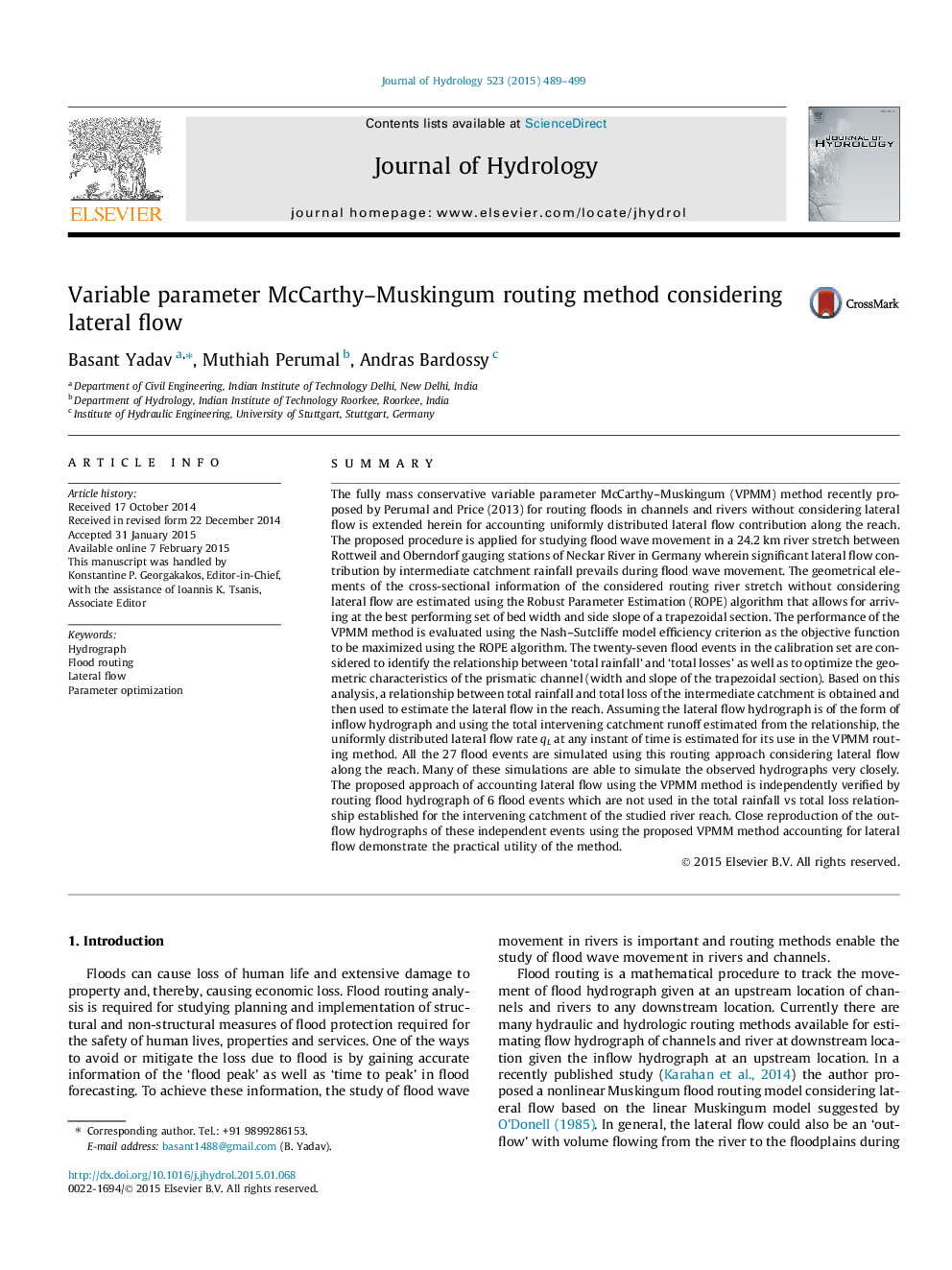 Variable parameter McCarthy-Muskingum routing method considering lateral flow