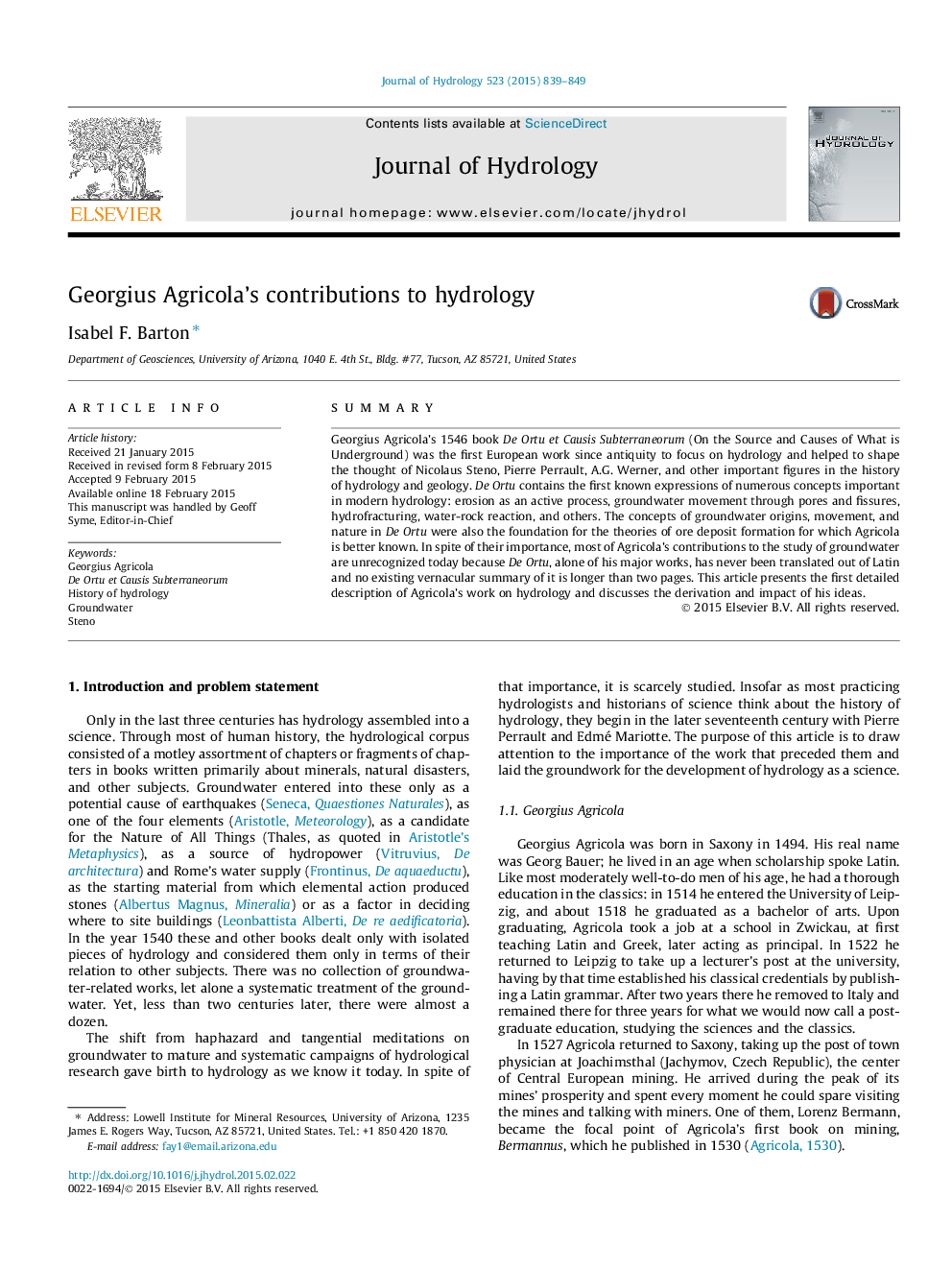 Georgius Agricola's contributions to hydrology