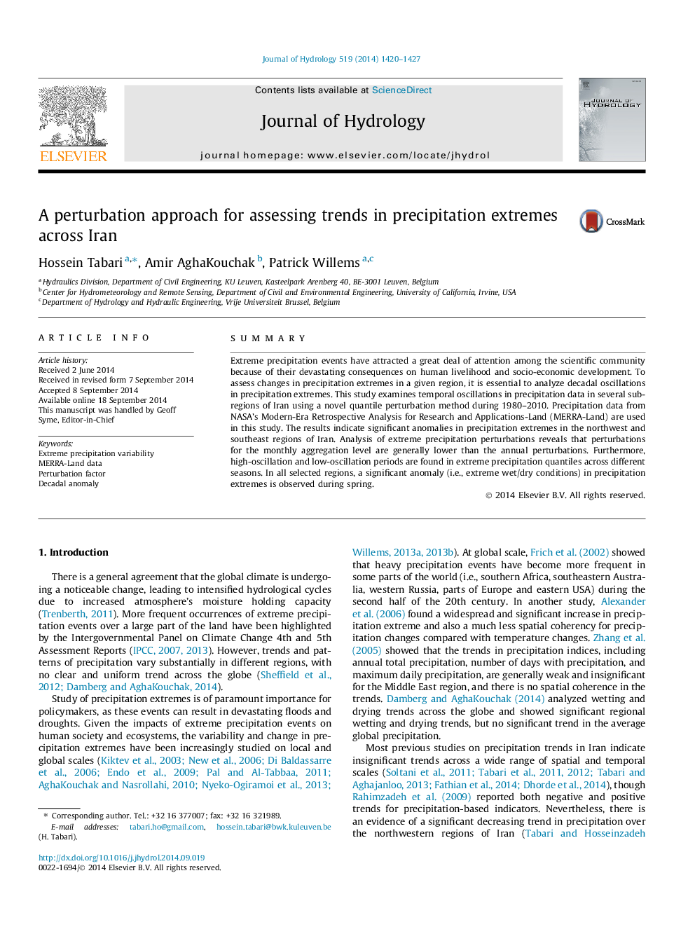 A perturbation approach for assessing trends in precipitation extremes across Iran