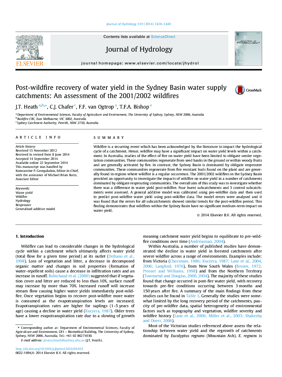 Post-wildfire recovery of water yield in the Sydney Basin water supply catchments: An assessment of the 2001/2002 wildfires