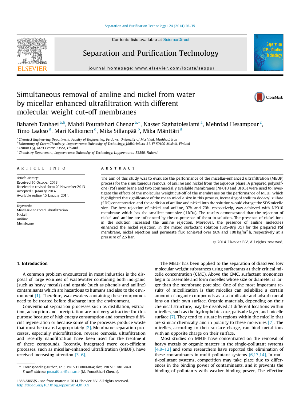 Simultaneous removal of aniline and nickel from water by micellar-enhanced ultrafiltration with different molecular weight cut-off membranes