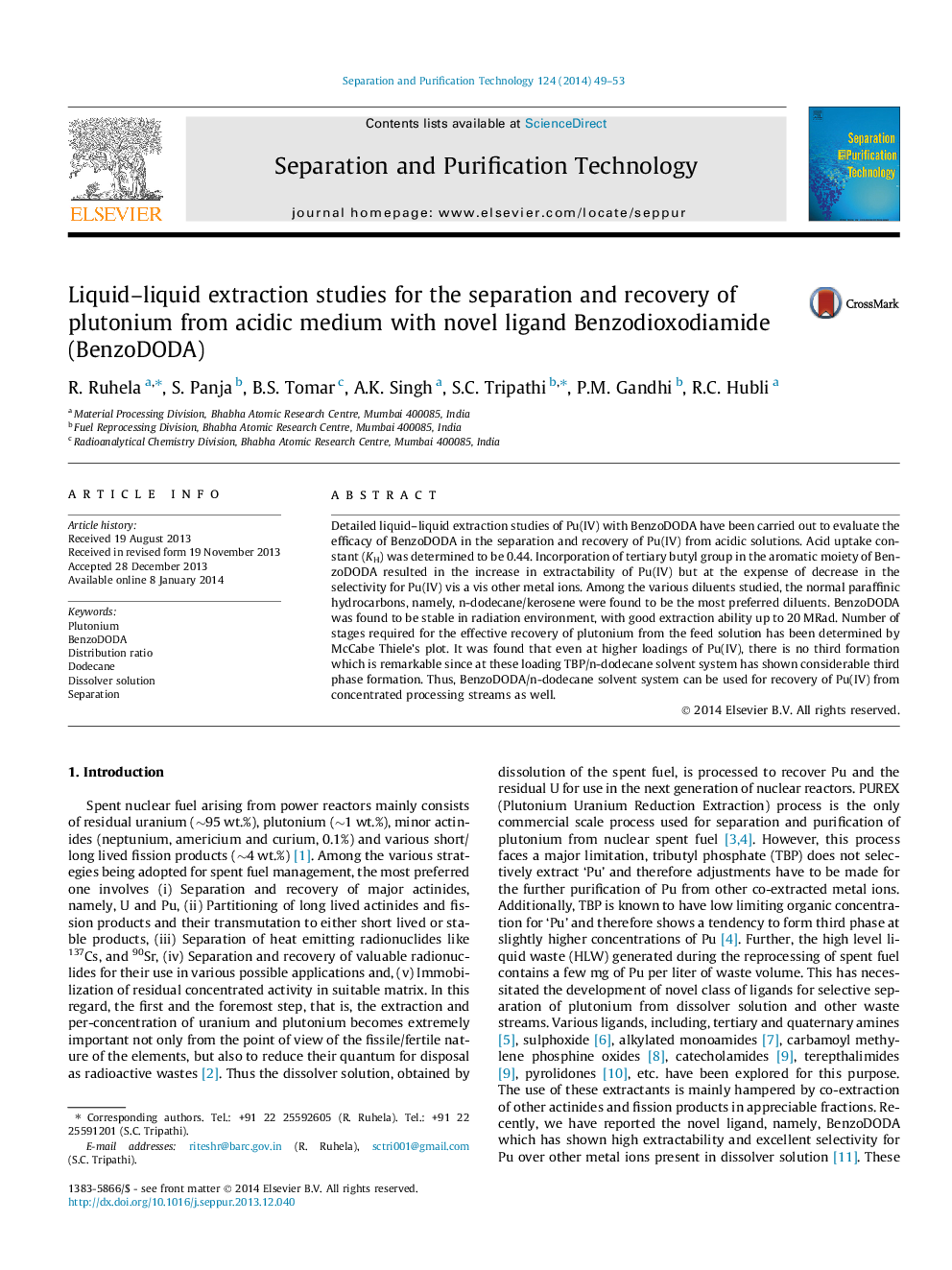 Liquid–liquid extraction studies for the separation and recovery of plutonium from acidic medium with novel ligand Benzodioxodiamide (BenzoDODA)