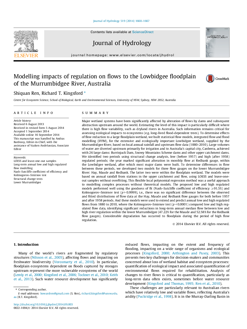 Modelling impacts of regulation on flows to the Lowbidgee floodplain of the Murrumbidgee River, Australia