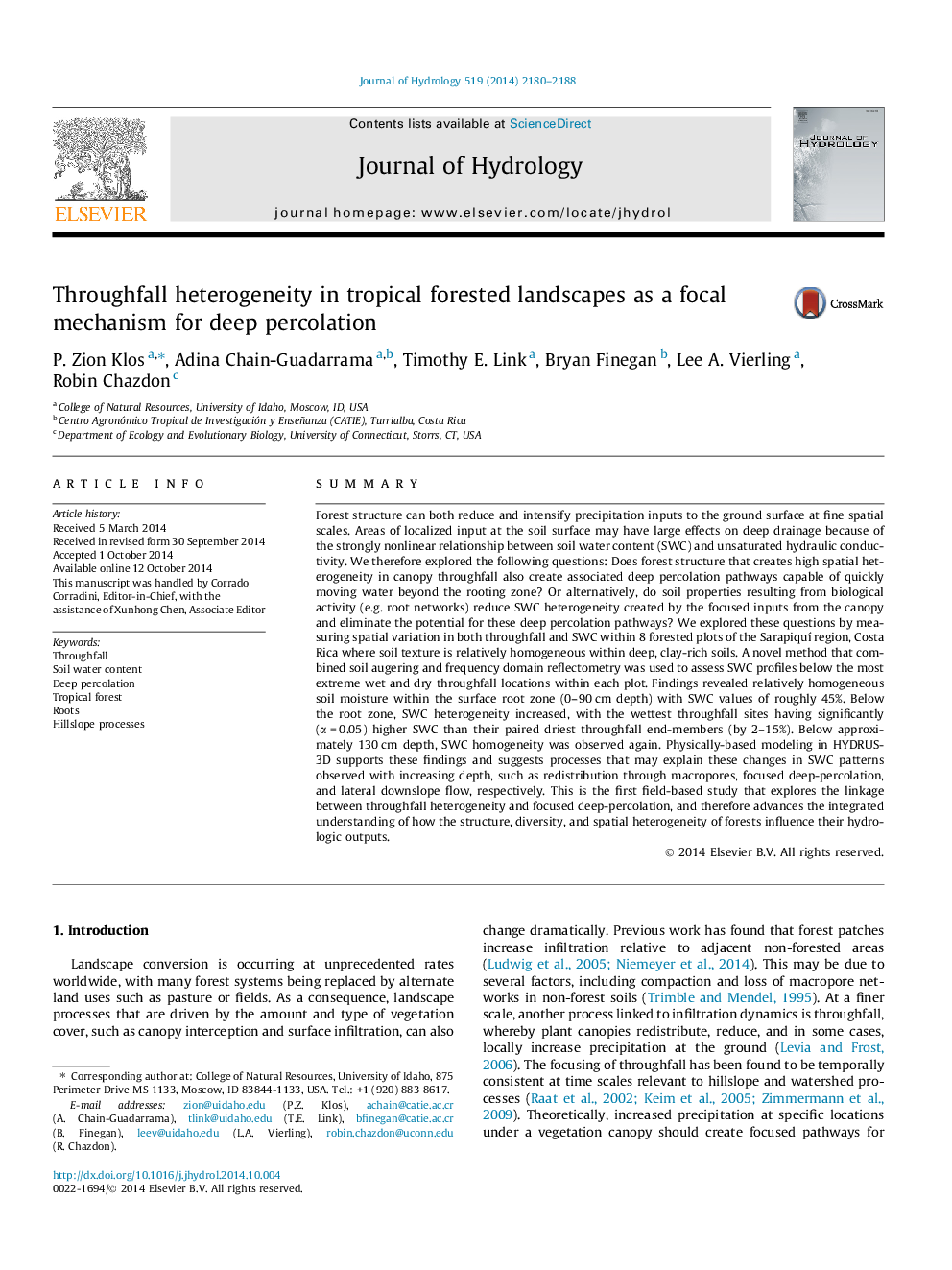 Throughfall heterogeneity in tropical forested landscapes as a focal mechanism for deep percolation