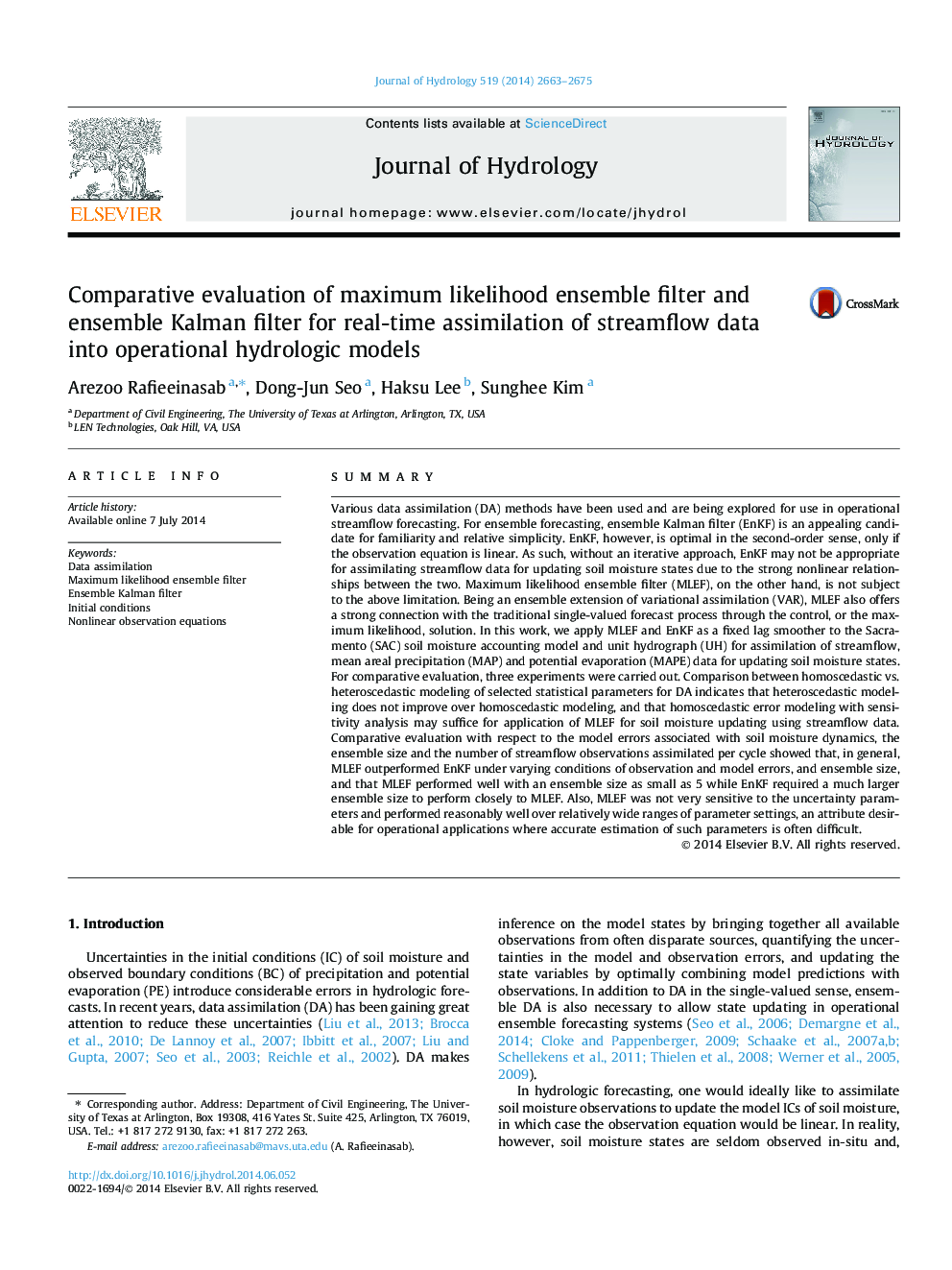 Comparative evaluation of maximum likelihood ensemble filter and ensemble Kalman filter for real-time assimilation of streamflow data into operational hydrologic models