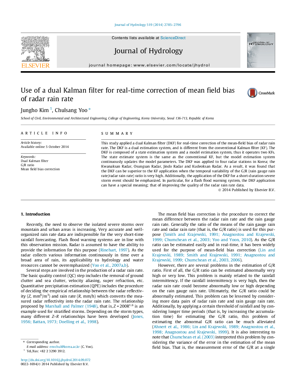 Use of a dual Kalman filter for real-time correction of mean field bias of radar rain rate