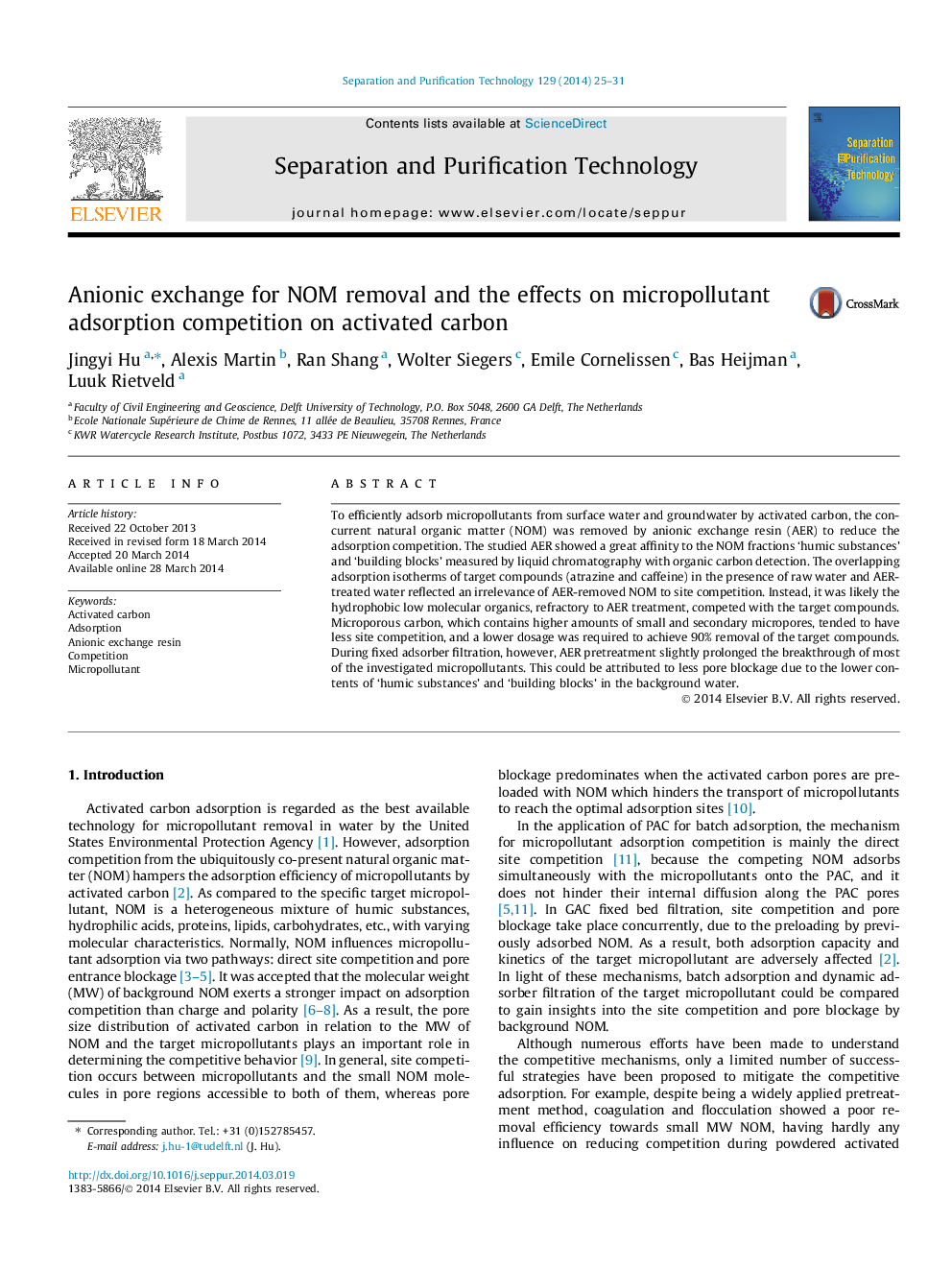 Anionic exchange for NOM removal and the effects on micropollutant adsorption competition on activated carbon