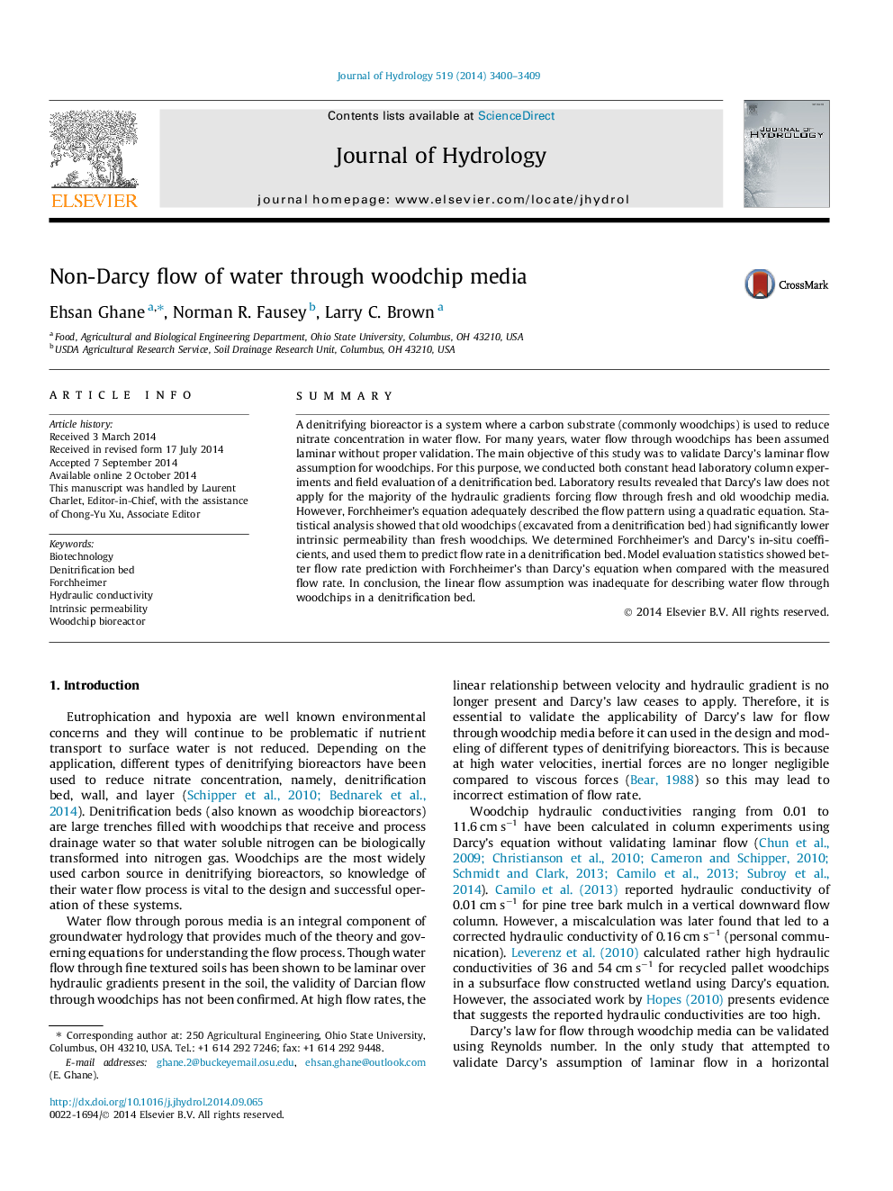 Non-Darcy flow of water through woodchip media