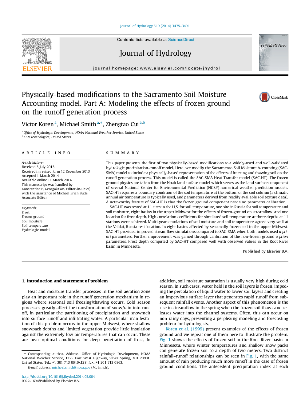 Physically-based modifications to the Sacramento Soil Moisture Accounting model. Part A: Modeling the effects of frozen ground on the runoff generation process