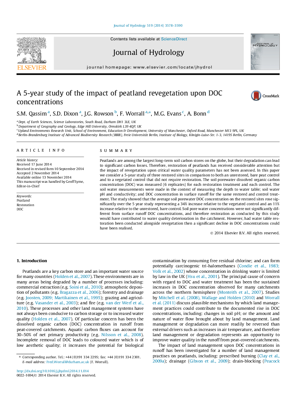 A 5-year study of the impact of peatland revegetation upon DOC concentrations