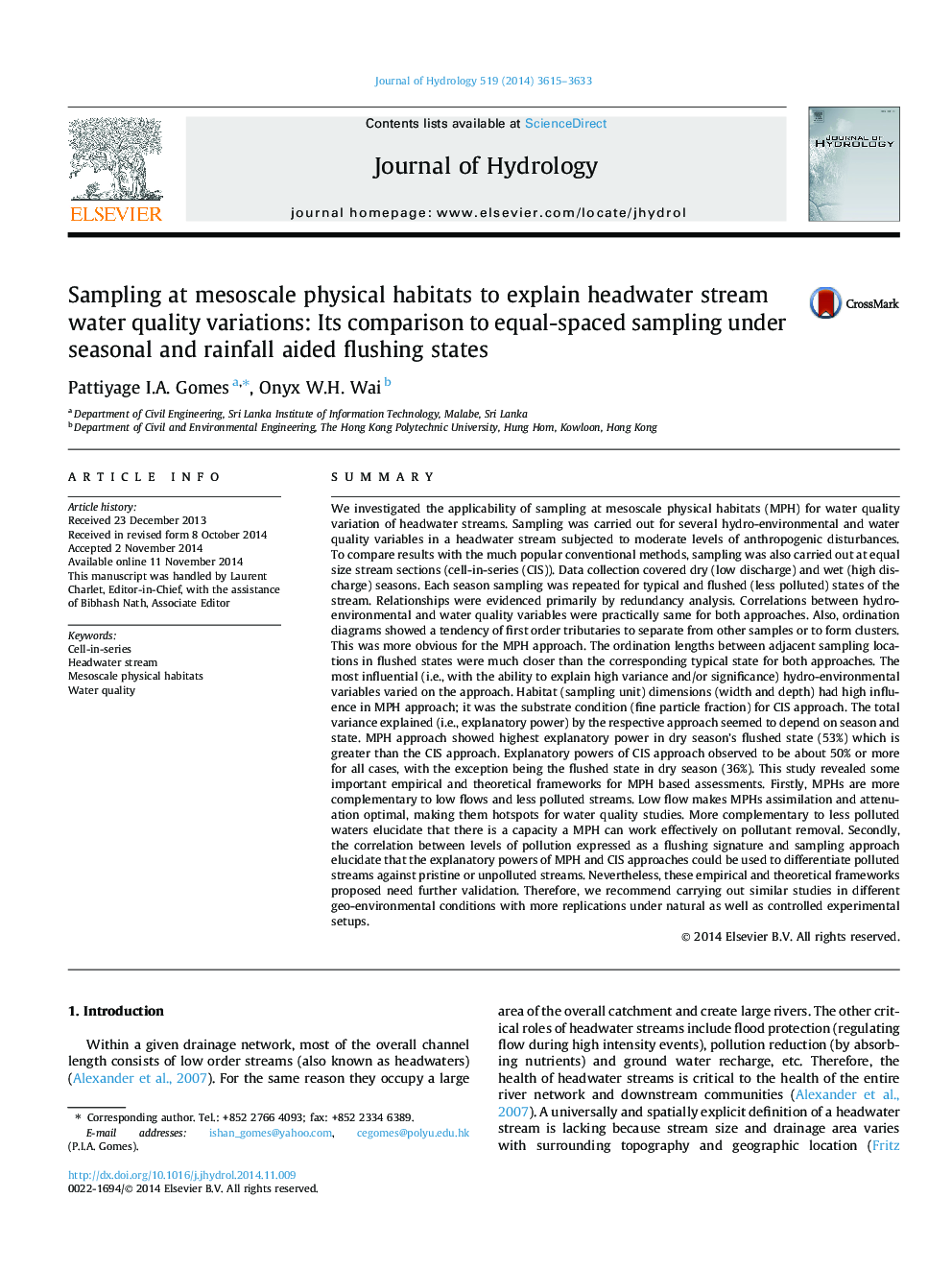 Sampling at mesoscale physical habitats to explain headwater stream water quality variations: Its comparison to equal-spaced sampling under seasonal and rainfall aided flushing states