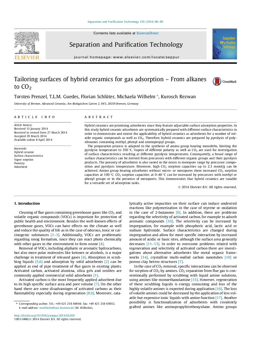 Tailoring surfaces of hybrid ceramics for gas adsorption – From alkanes to CO2