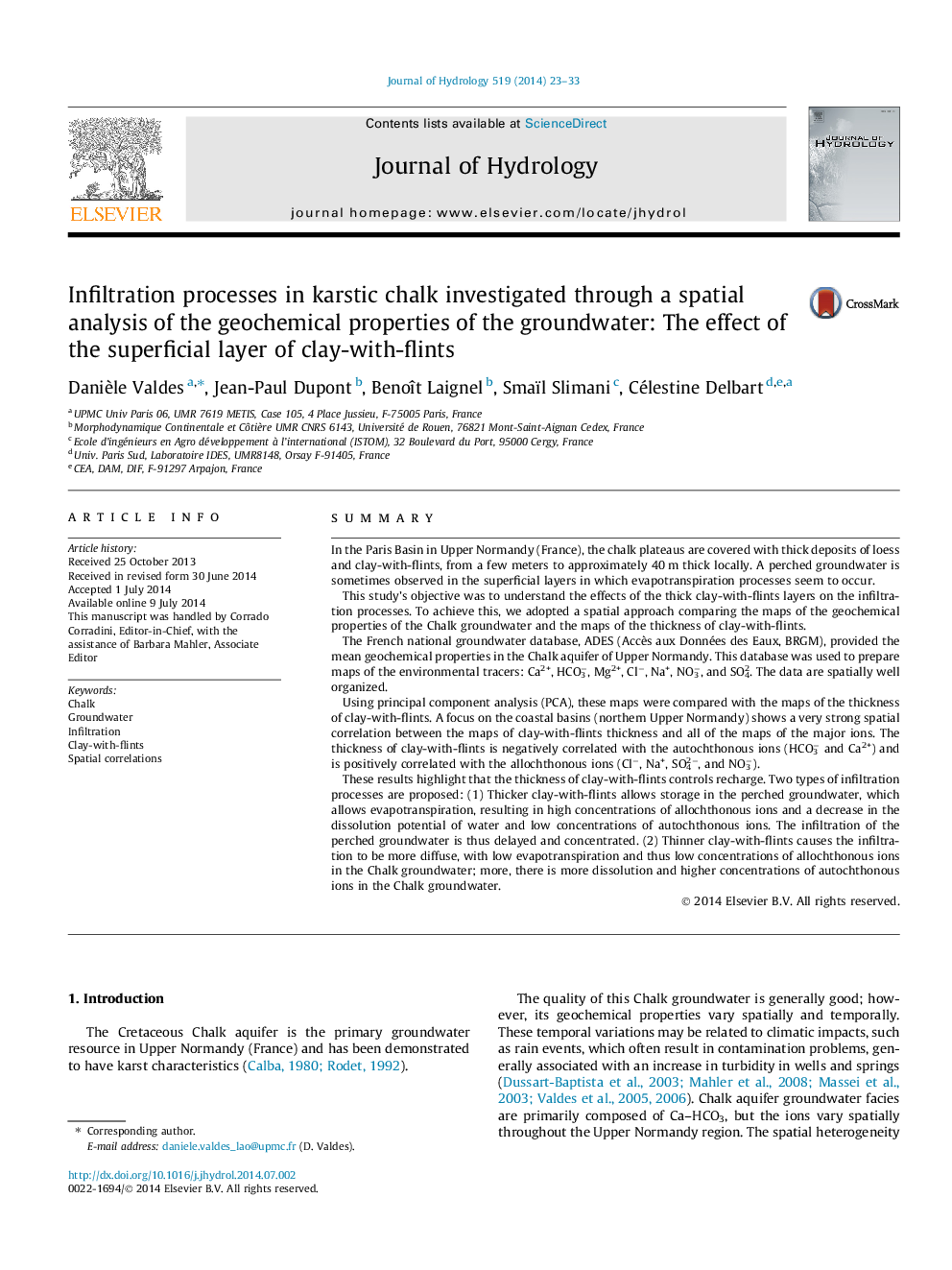 Infiltration processes in karstic chalk investigated through a spatial analysis of the geochemical properties of the groundwater: The effect of the superficial layer of clay-with-flints