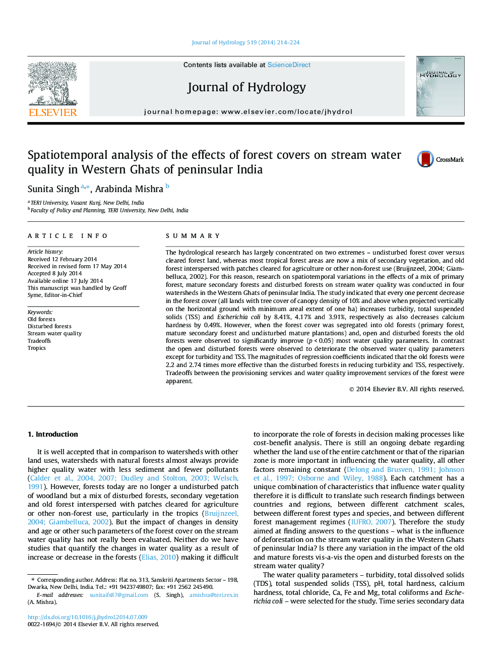 تجزیه و تحلیل اسپتیوتی موروثی از اثرات جنگلها بر کیفیت آب جریان در غات غربی هند شبه جزیره 